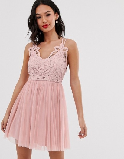ASOS DESIGN Premium lace top tulle cami mini dress in blush – pink fit and flare prom frock