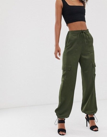 ASOS DESIGN Tall utility trousers with pocket detail khaki. GREEN CUFFED PANTS - flipped