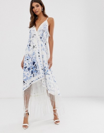 ASOS EDITION strappy wrap embroidered fringe dress ivory / blue