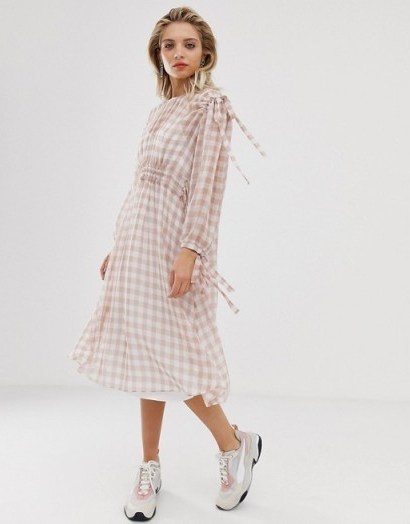 ASOS WHITE gingham ruched waist dress | tie detail check print summer dresses - flipped