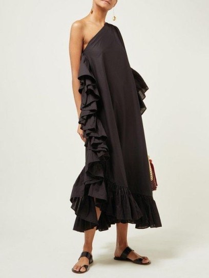 KALITA Asymmetric ruffled cotton dress in black ~ one shoulder ruffle trimmed summer dresses - flipped