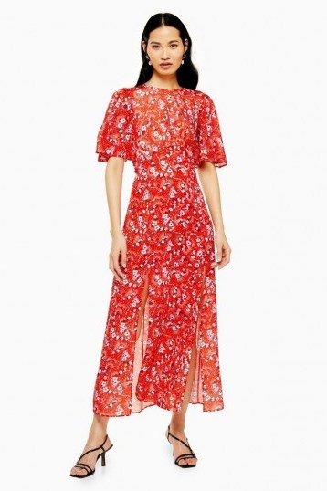 TOPSHOP AUSTIN Floral Star Print Angel Sleeve Midi Dress in Red / front split summer dresses - flipped