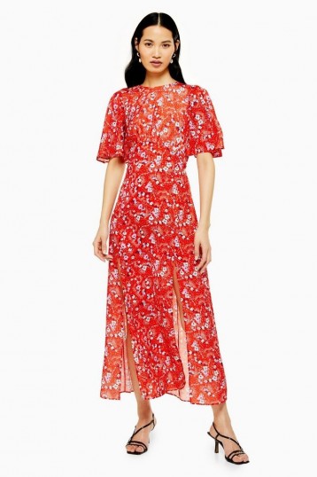 TOPSHOP AUSTIN Floral Star Print Angel Sleeve Midi Dress in Red / front split summer dresses