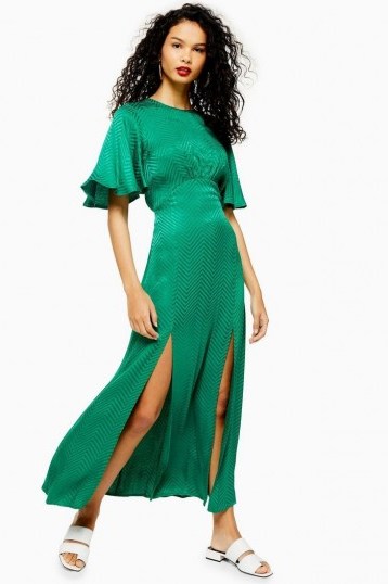 Topshop AUSTIN Jacquard Angel Sleeve Maxi Dress Green | long flutter sleeved dresses - flipped