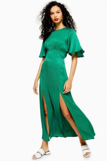 Topshop AUSTIN Jacquard Angel Sleeve Maxi Dress Green | long flutter sleeved dresses