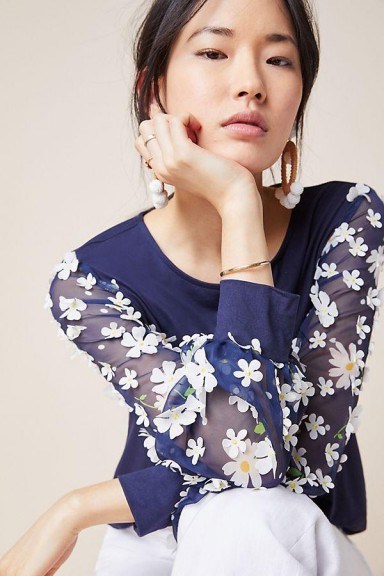 Eva Franco Becky Floral Applique Top Navy ~ blue and white daisy blouse - flipped