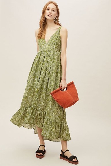 Current Air Elle Leaf-Print Dress in Green Motif | plunge front frill hem summer frock - flipped