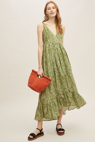 Current Air Elle Leaf-Print Dress in Green Motif | plunge front frill hem summer frock