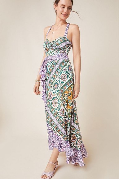 Maeve Amaline Ruffled-Printed Maxi Dress in Purple Motif | frill trimmed summer dresses - flipped
