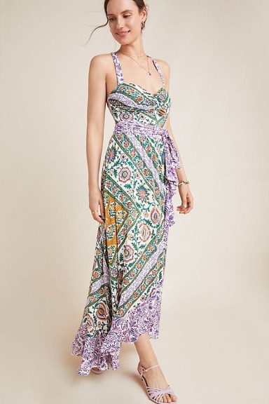 Maeve Amaline Ruffled-Printed Maxi Dress in Purple Motif | frill trimmed summer dresses