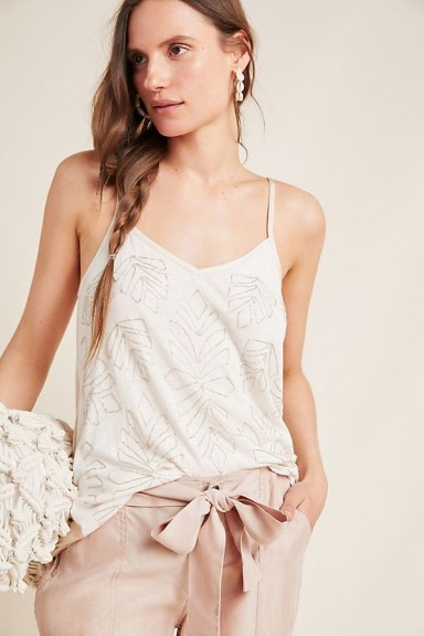 Anthropologie Alison Beaded Cami in Neutral | embellished skinny strap tops
