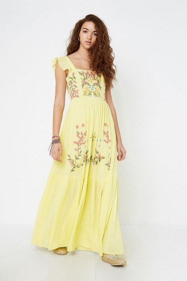 Violet Skye Yellow Frill Maxi Dress | long floral embroidered summer frock - flipped