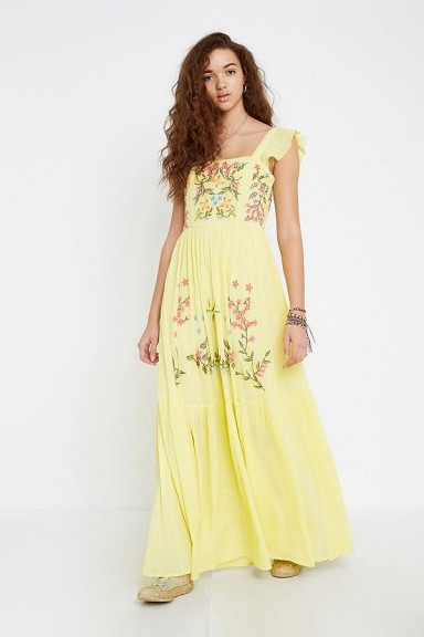 Violet Skye Yellow Frill Maxi Dress | long floral embroidered summer frock
