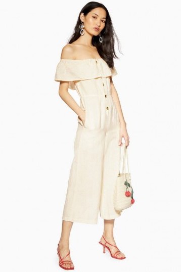 Topshop Bardot Jumpsuit With Linen in Off White | summer crop leg jumpsuits - flipped