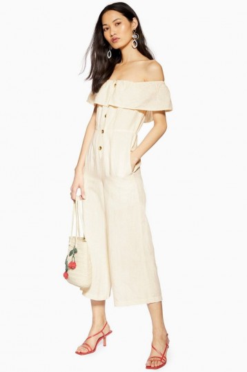 Topshop Bardot Jumpsuit With Linen in Off White | summer crop leg jumpsuits
