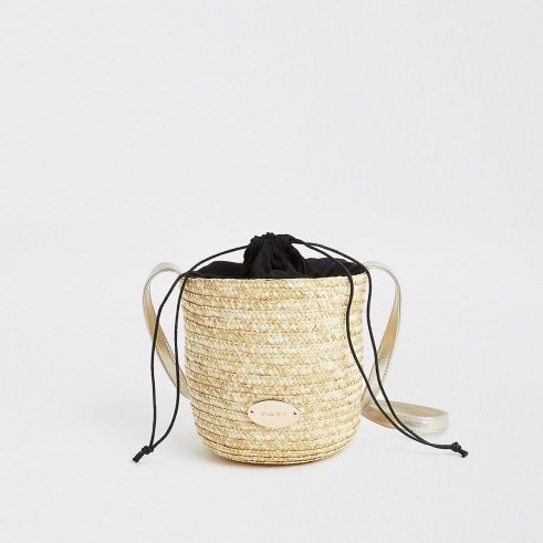 River Island Beige straw bucket cross body bag | neutral summer bags - flipped