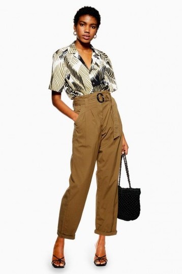 Topshop Belted Poplin Trousers Dark Khaki | high waisted summer pants - flipped