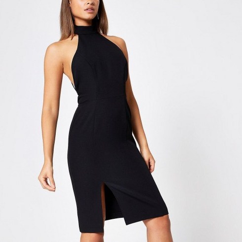 River Island Black embellished back bodycon dress | diamante strappy back party dresses | evening halter frock - flipped