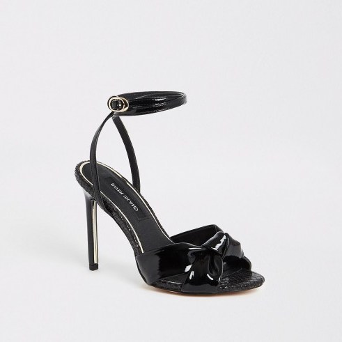 River Island Black knot front heeled sandal | patent party heels - flipped