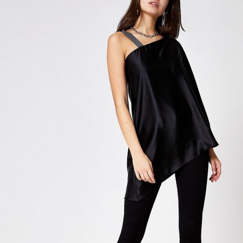 RIVER ISLAND Black satin one shoulder top / silky evening tops - flipped
