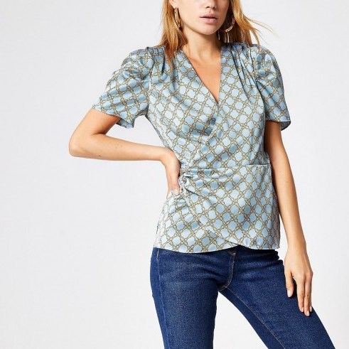 River Island Blue chain print wrap blouse | vintage style top - flipped