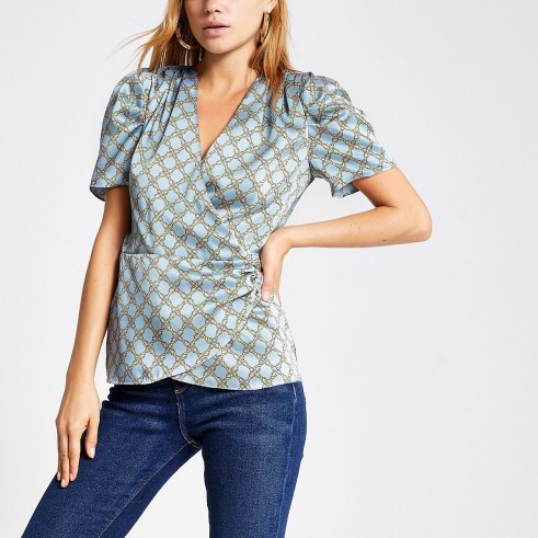 River Island Blue chain print wrap blouse | vintage style top
