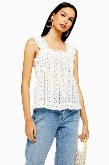 YAS Broderie Top in White | feminine ruffle trimmed summer tops - flipped