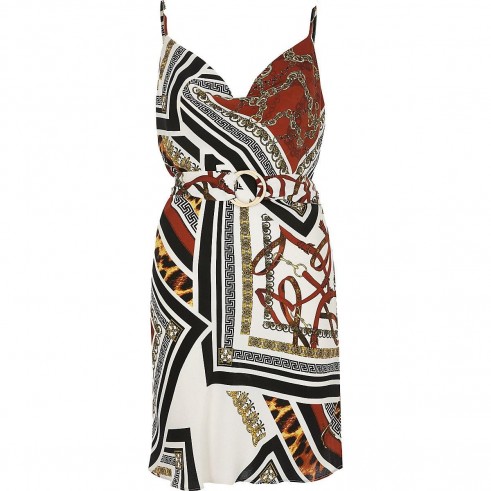 River Island Brown mixed print slip dress | belted cami frock