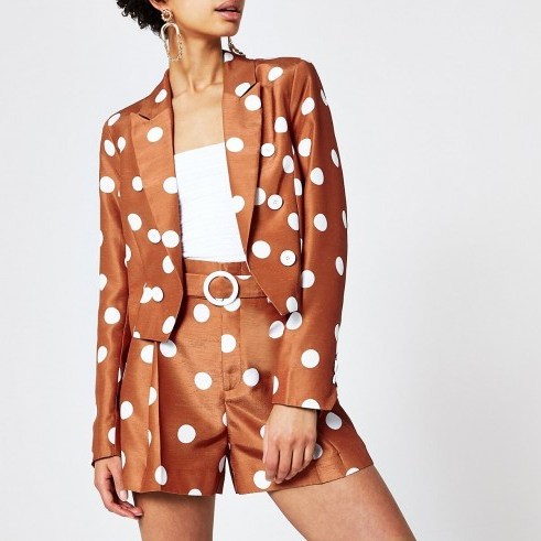 RIVER ISLAND Brown spot cropped blazer – printed jackets - flipped