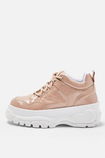TOPSHOP CAIRO Chunky Trainers in Nude – pink patent thick sole sneakers - flipped
