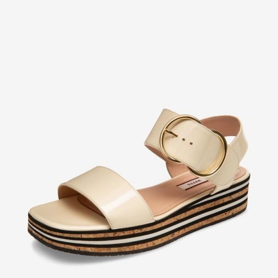 BALLY CASEY WOMEN’S PATENT LEATHER WEDGE SANDAL WITH 30MM PLATFORM IN BONE | thick strap flatforms | summer sandals - flipped
