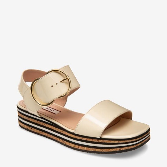 BALLY CASEY WOMEN’S PATENT LEATHER WEDGE SANDAL WITH 30MM PLATFORM IN BONE | thick strap flatforms | summer sandals