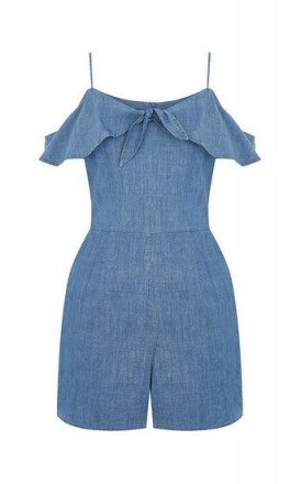 OASIS CHAMBRAY BARDOT PLAYSUIT in DENIM / blue cold shoulder playsuits - flipped