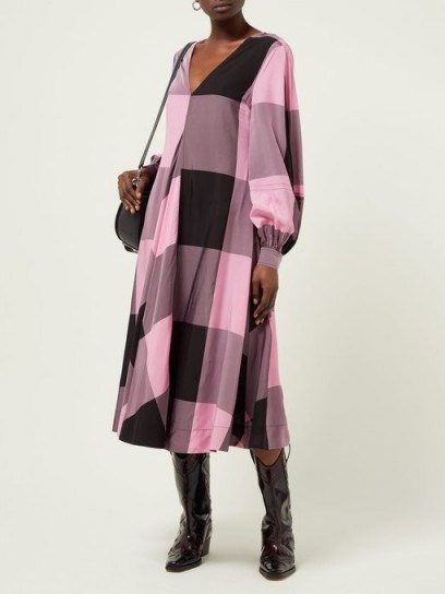 GANNI Striped cotton-blend seersucker midi dress ~ large pink and black checks - flipped