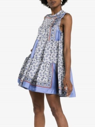 Chloé Bandana Print Tiered Sleeveless Dress in Blue | flared summer mini dresses - flipped