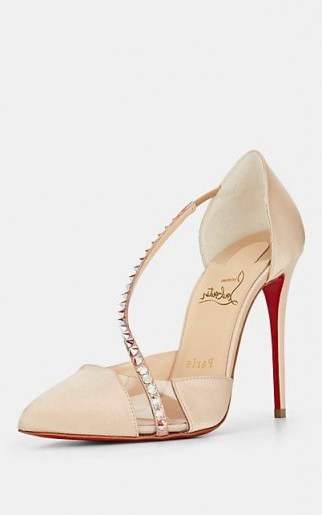 CHRISTIAN LOUBOUTIN Krystal Spikes Beige Satin & PVC Pumps ~ luxe spiked asymmetric front court shoes - flipped