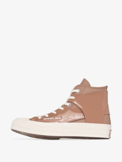Converse Brown And White X Feng Chen Wang Chuck 70 Leather High Top Sneakers – girl power slogan trainers - flipped