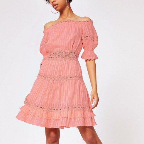 River Island Coral lace bardot dress | off the shoulder peasant dresses - flipped