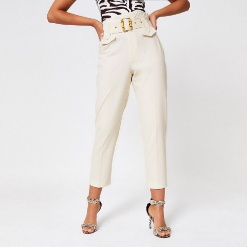 River Island Cream buckled waist tapered trousers | neutral summer pants - flipped