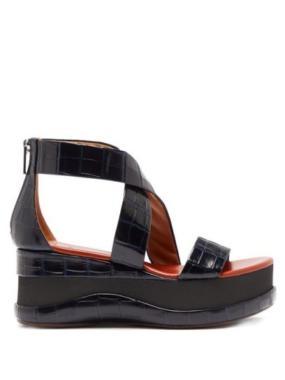 CHLOÉ Crocodile-embossed leather flatform sandals / navy blue cross strap flatforms