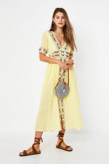 Violet Skye Embroidered Midi Dress in Yellow / boho summer floral dresses - flipped