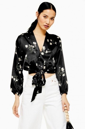TOPSHOP Daisy Satin Tie Front Blouse in black - flipped
