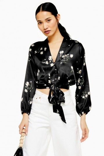 TOPSHOP Daisy Satin Tie Front Blouse in black