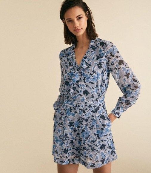 REISS DAMSEN FLORAL PRINTED PLAYSUIT MULTI BLUE ~ front ruffle playsuits with soft pleats - flipped