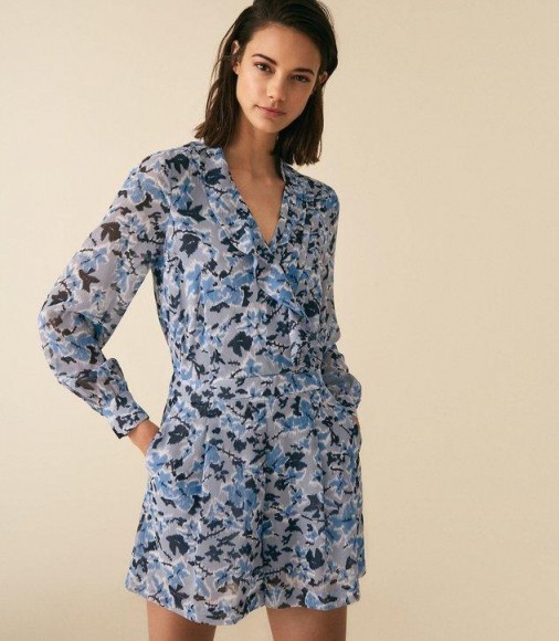 REISS DAMSEN FLORAL PRINTED PLAYSUIT MULTI BLUE ~ front ruffle playsuits with soft pleats