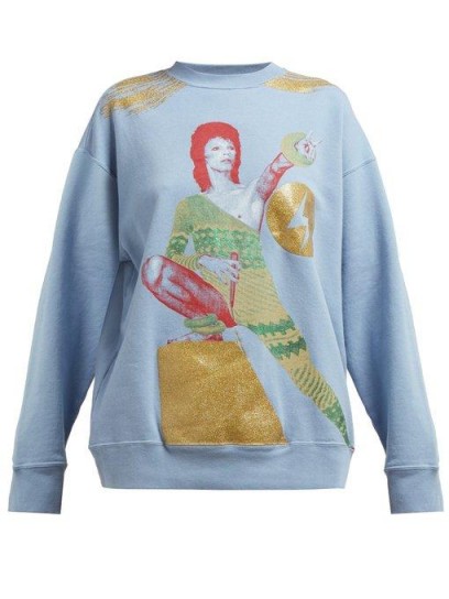 UNDERCOVER David Bowie-print loop-back cotton sweatshirt in blue ~ metallic motif sweat top