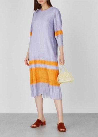 DRIES VAN NOTEN Dibana lilac plissé satin midi dress ~ orange paneled dresses - flipped