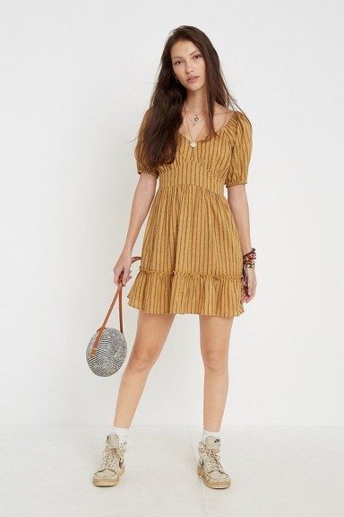 UO Lucy Yellow Stripe Mini Dress | puff sleeved ruffled hem dresses