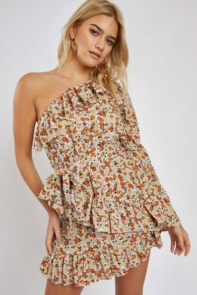 EMILY ATACK WHITE FLORAL FRILL ONE SHOULDER MINI DRESS | ruffle trimmed summer dresses - flipped