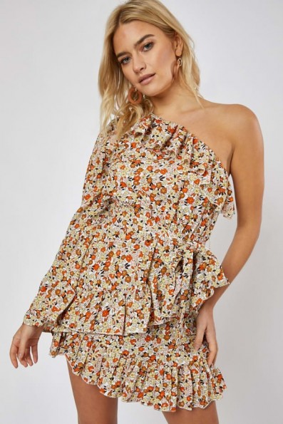 EMILY ATACK WHITE FLORAL FRILL ONE SHOULDER MINI DRESS | ruffle trimmed summer dresses